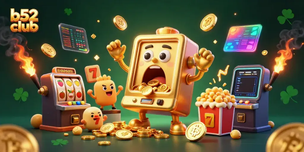 B52 Club's vibrant gaming experience with a golden slot machine celebrating a jackpot amidst cheering baby slots and glowing crypto coins.