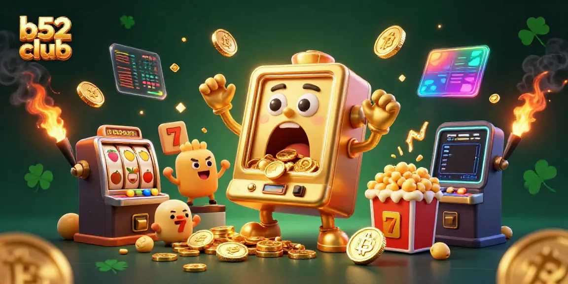 B52 Club's vibrant gaming experience with a golden slot machine celebrating a jackpot amidst cheering baby slots and glowing crypto coins.