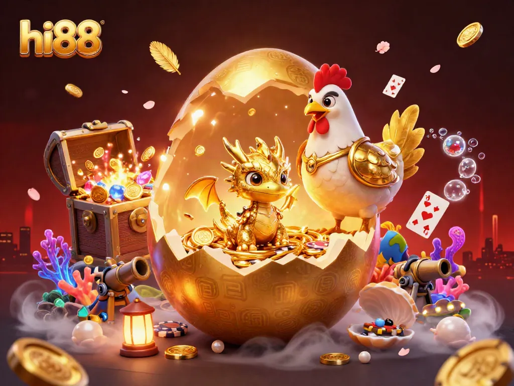hi88 showcases a vibrant digital illustration of a golden dragon and casino chips amidst dynamic gaming elements.
