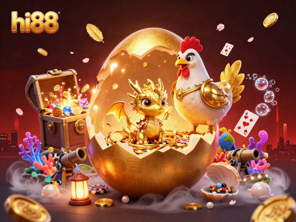 hi88 showcases a vibrant digital illustration of a golden dragon and casino chips amidst dynamic gaming elements.