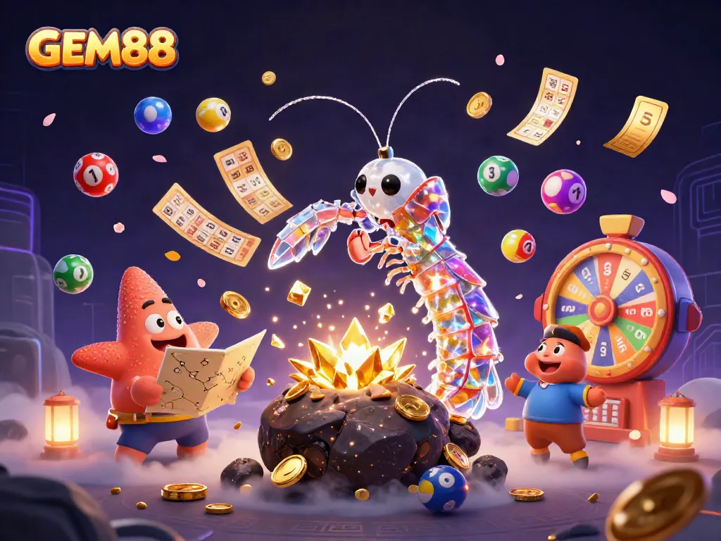 Experience GEM88's dynamic gameplay with vibrant elements, including a galactic samurai and colorful lottery balls.
