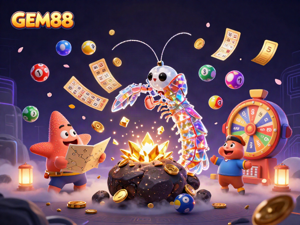 Experience GEM88's dynamic gameplay with vibrant elements, including a galactic samurai and colorful lottery balls.