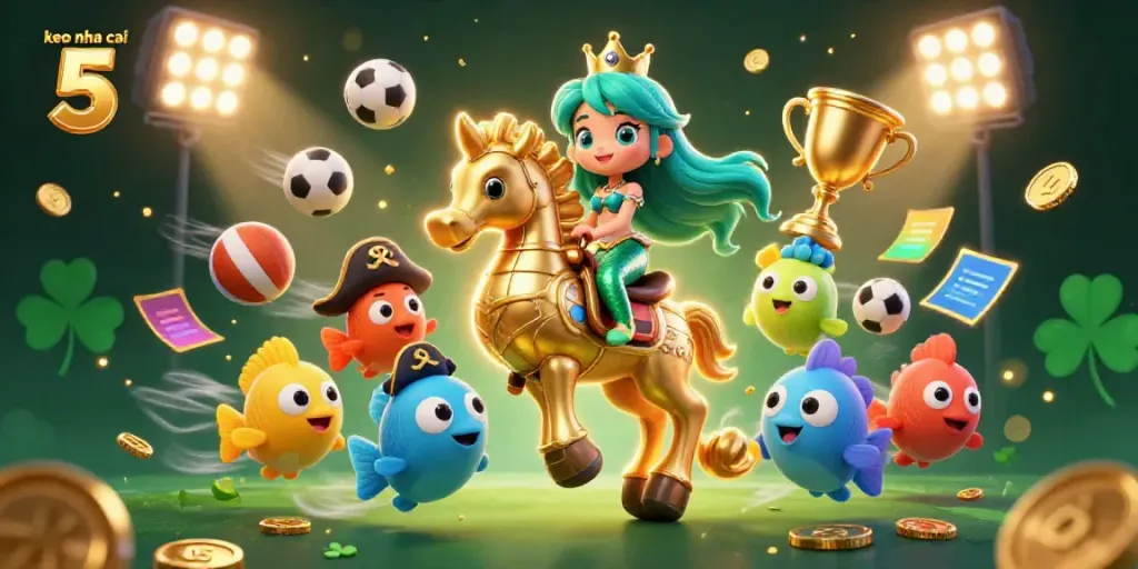 Engage with keo nha cai 5 as characters celebrate with sports themes and vibrant casino elements