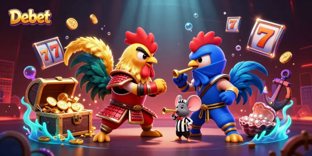 Experience intense action in Debet-themed fighting rooster standoff illustration amid vibrant casino elements.