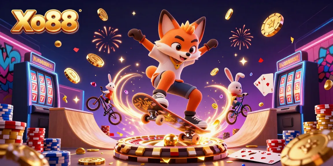 Xo88 showcases an energetic scene of a skateboarder fox and BMX rabbit amidst casino symbols and golden coins.