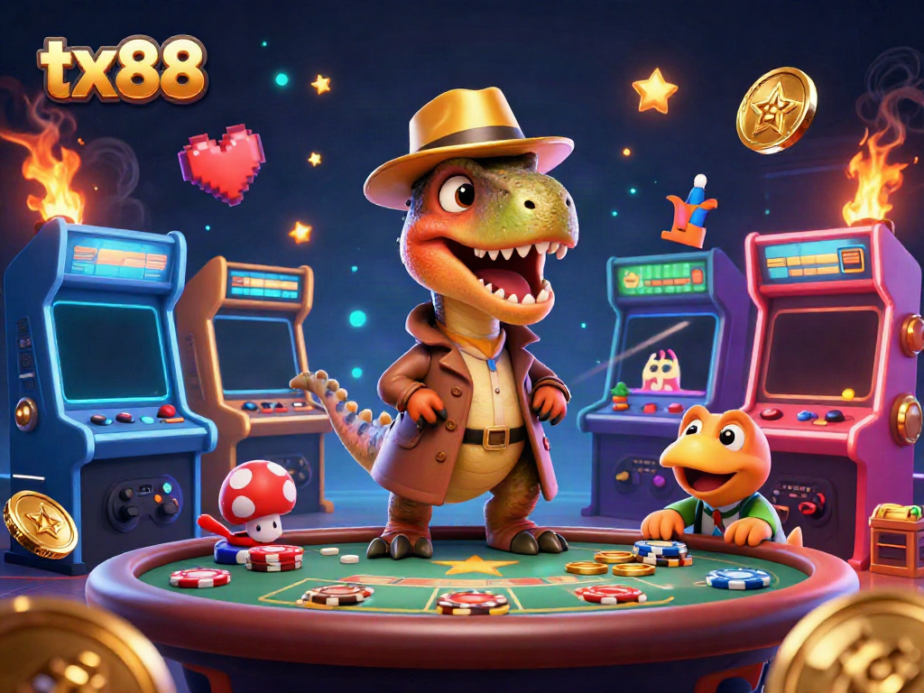 Experience the excitement of tx88 with a cartoon velociraptor at a blackjack table, surrounded by colorful gaming elements.
