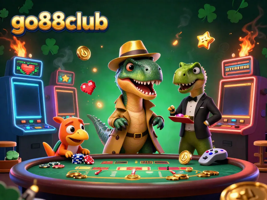 Experience the excitement of go88club with a cartoon velociraptor at a blackjack table surrounded by colorful slot machines.