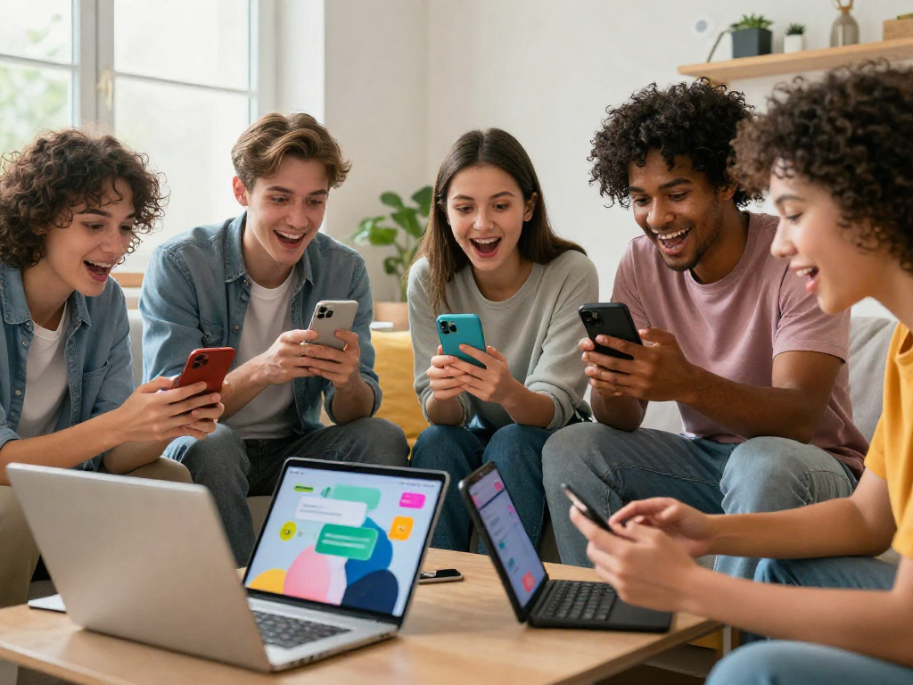 Friends enjoying a juicy chat on smartphones in a vibrant living room.