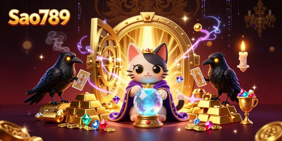 Sao789 captivating casino illustration with fortune teller cat, raven, and rich gold treasures.