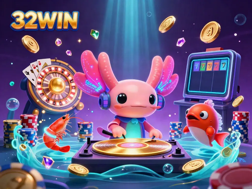 Experience the excitement of 32WIN with vibrant casino themes featuring a neon axolotl DJ.