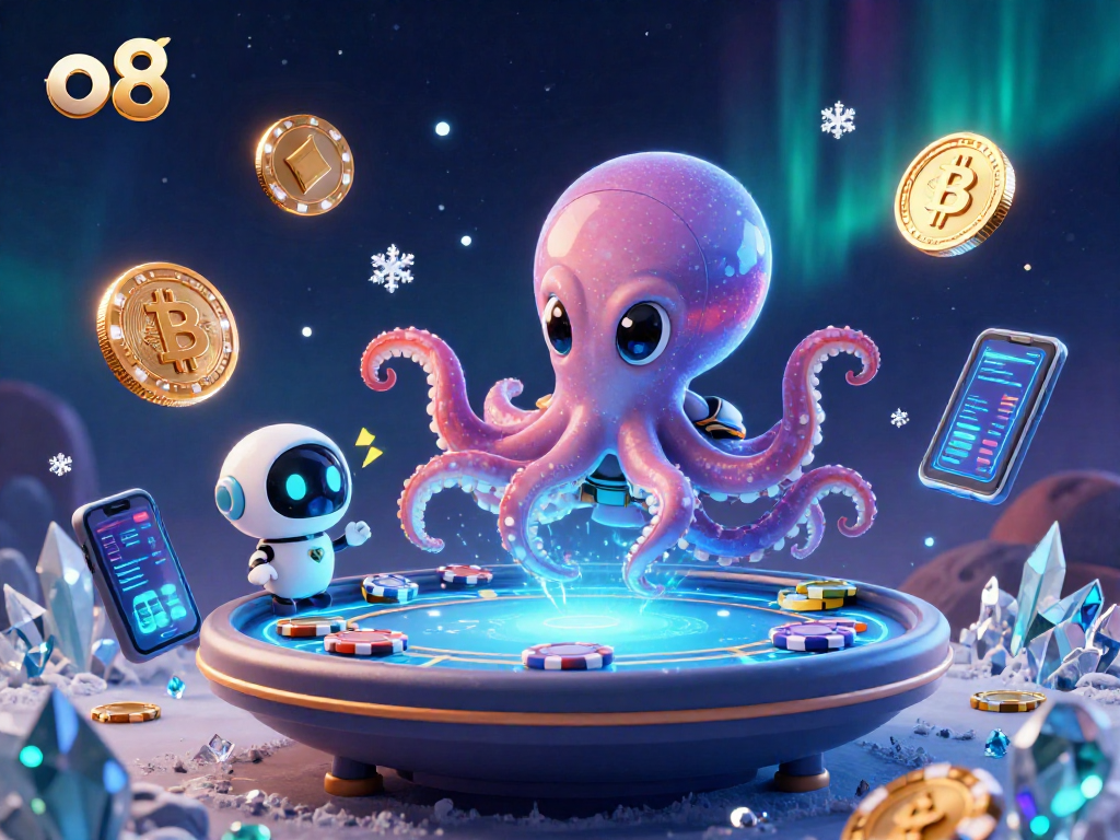 o8 players engaging with a vibrant alien-themed crypto casino experience filled with neon and space elements