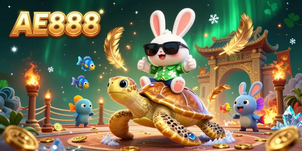 AE888 casino scene featuring a lucky rabbit on a turtle amidst dynamic gaming elements.