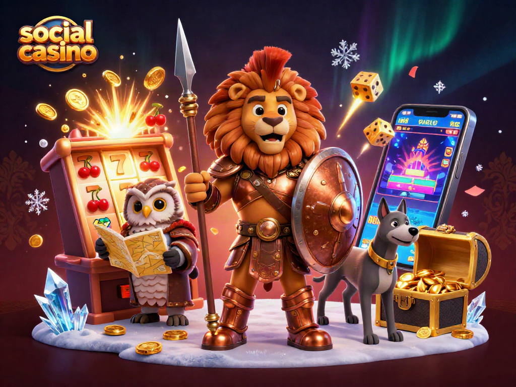 Experience the excitement of a social casino with vibrant scenes of winning jackpots and dynamic gameplay.