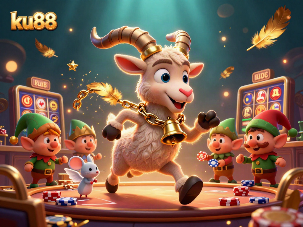 Join the festive chaos at ku88's holiday casino with Krampus, a tiny angel mouse, and mischievous elf gremlins enjoying the action.