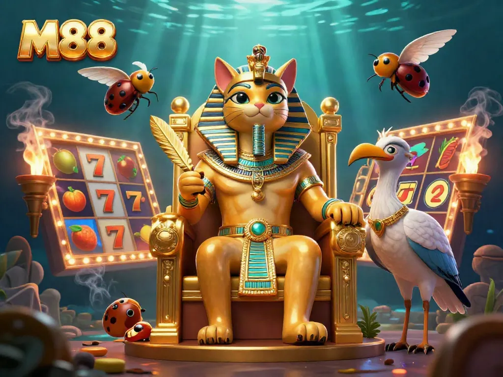 M88 presents vibrant slots action with Egyptian characters and rich casino elements.