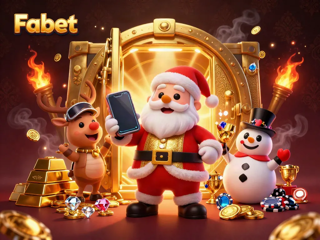Experience exciting jackpots with Fabet's festive casino scene featuring Santa, his reindeer, and a snowman.