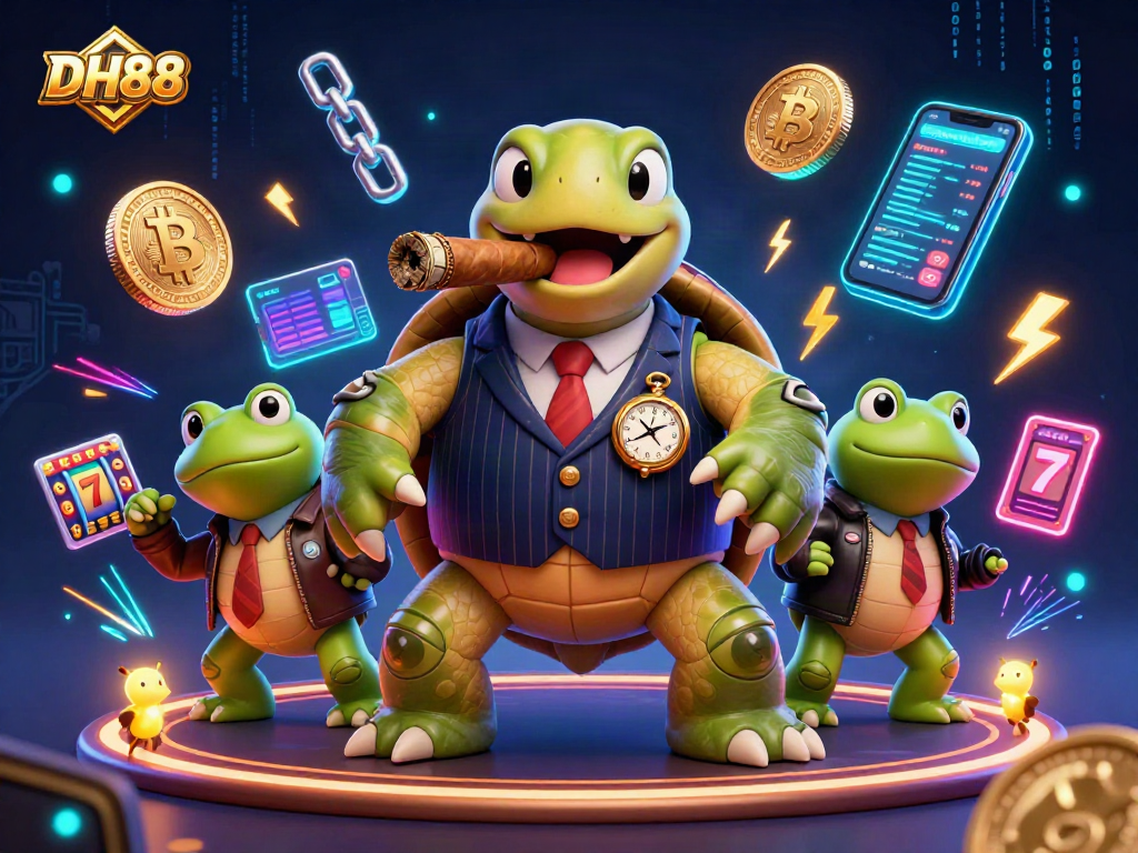 Engage DH88 players with vibrant casino action featuring a snapping turtle and bullfrog enforcers amid neon slots.