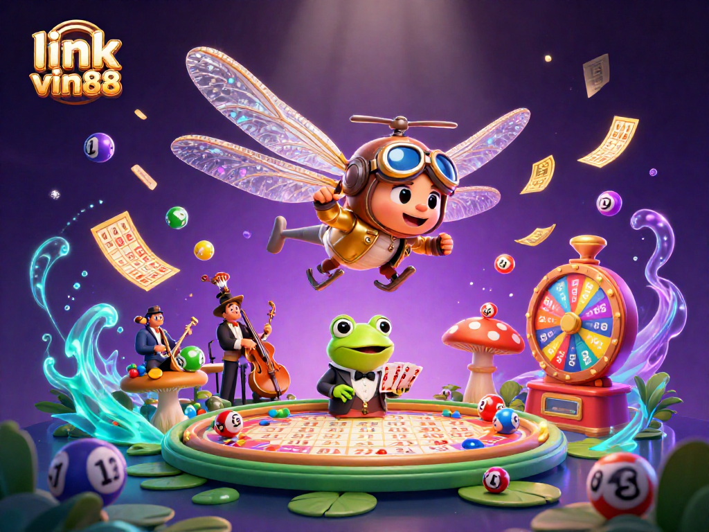 Engage with fun games at link vin88 while vibrant lottery balls pop around a lively casino scene.