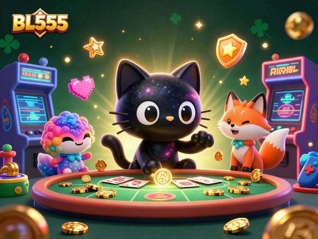 Experience thrilling wins at BL555 with a 3D cartoon cat and colorful casino elements.
