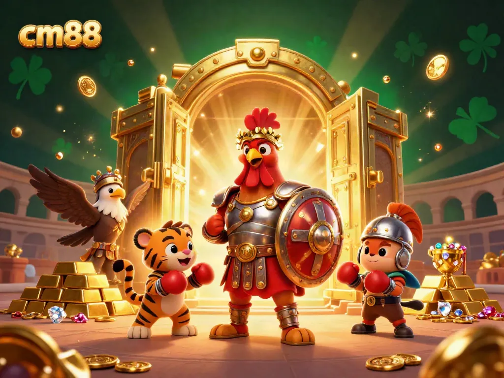 Engage with cm88's casino excitement featuring a gladiator rooster and treasures amidst gold.