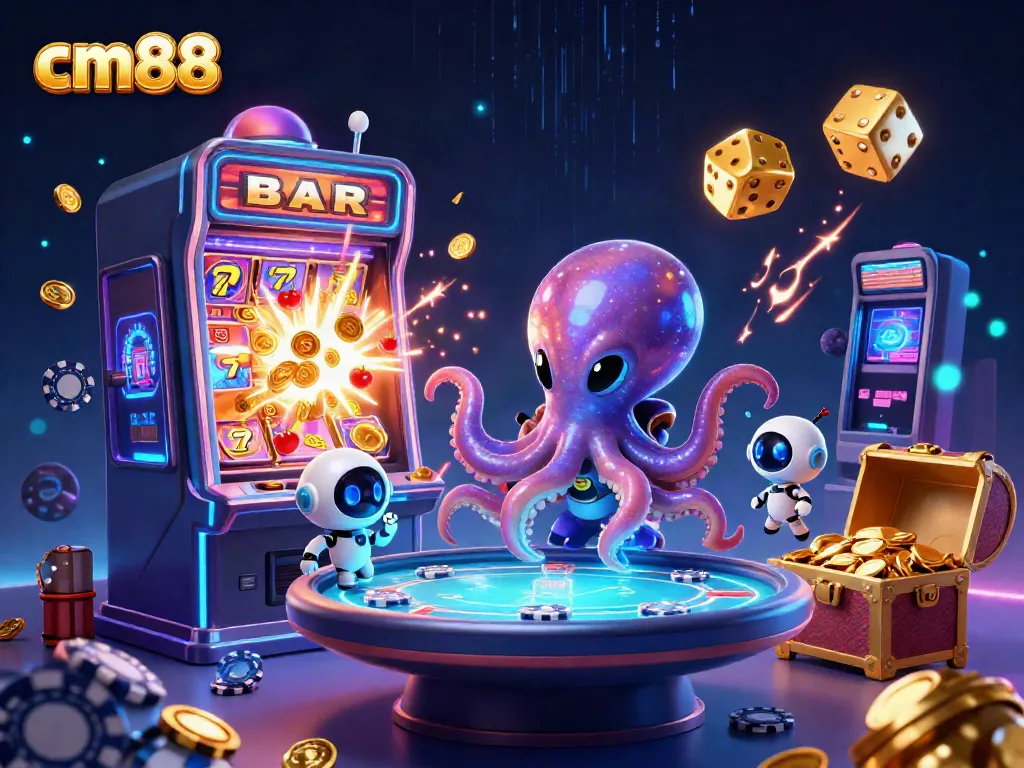 Experience exciting gaming with cm88, featuring an alien octopus operating a holographic poker table in space.
