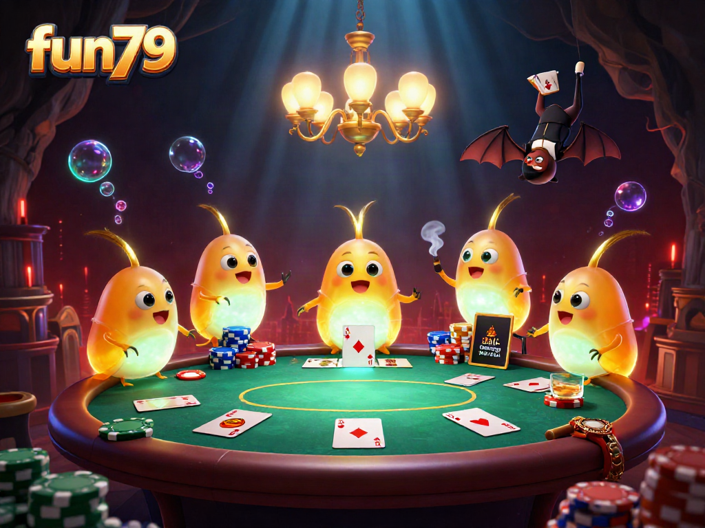 Experience fun79's vibrant casino atmosphere with bioluminescent glowworms and dazzling poker action.