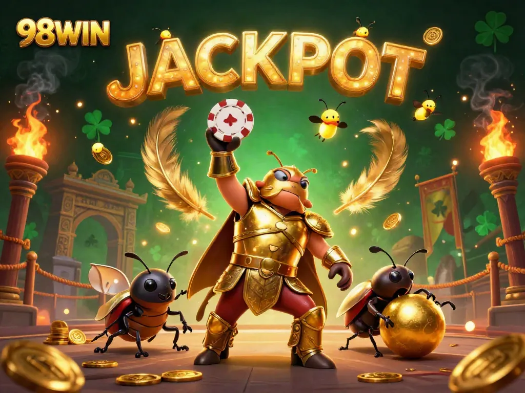 Experience thrilling wins with the lively 98WIN gaming scene featuring a heroic beetle and a dazzling jackpot.