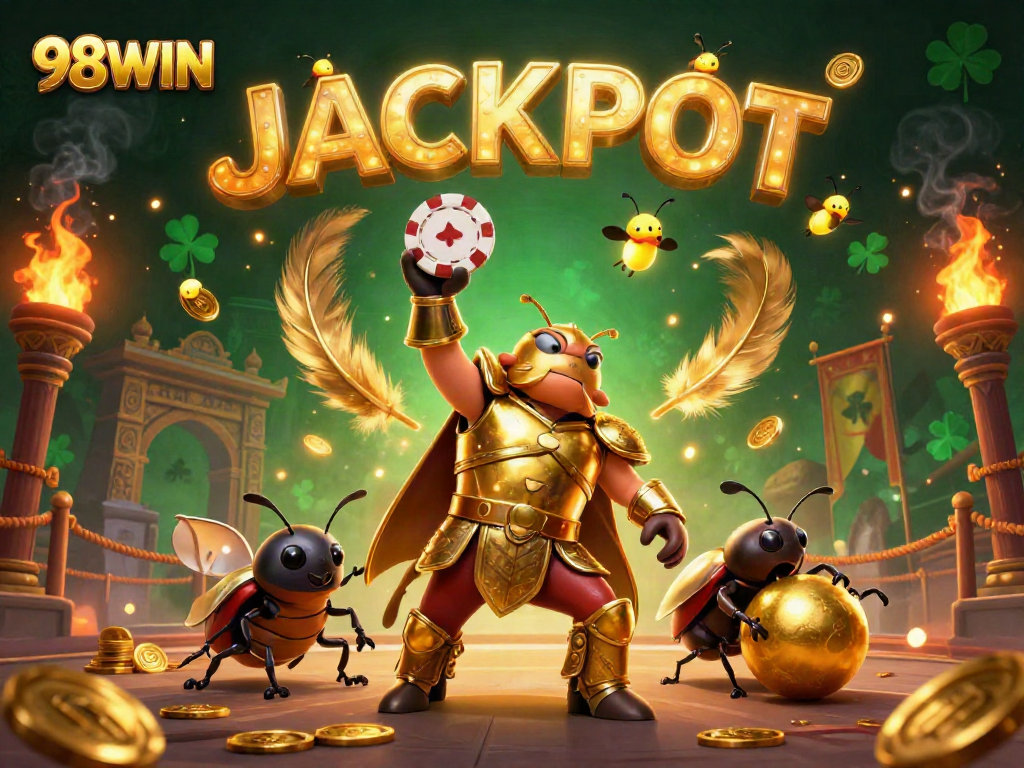 Experience thrilling wins with the lively 98WIN gaming scene featuring a heroic beetle and a dazzling jackpot.