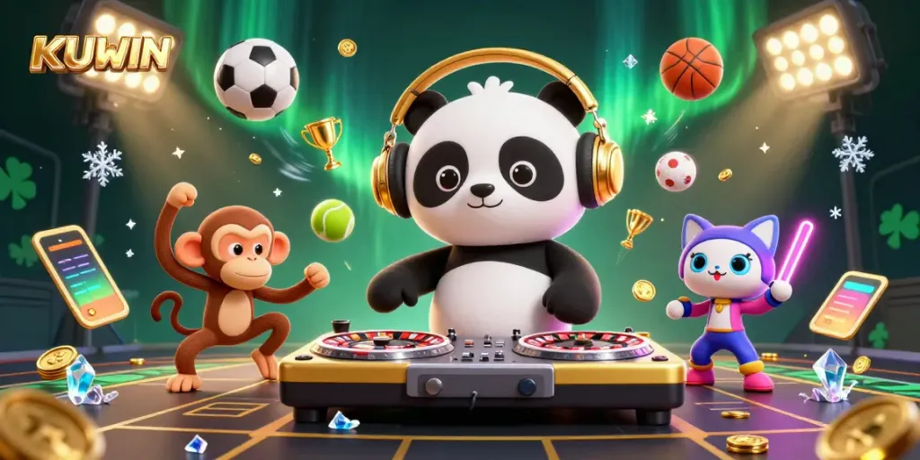 KUWIN's engaging scene featuring an energetic DJ panda, playful monkey, and glowing kitten in a vibrant casino atmosphere.