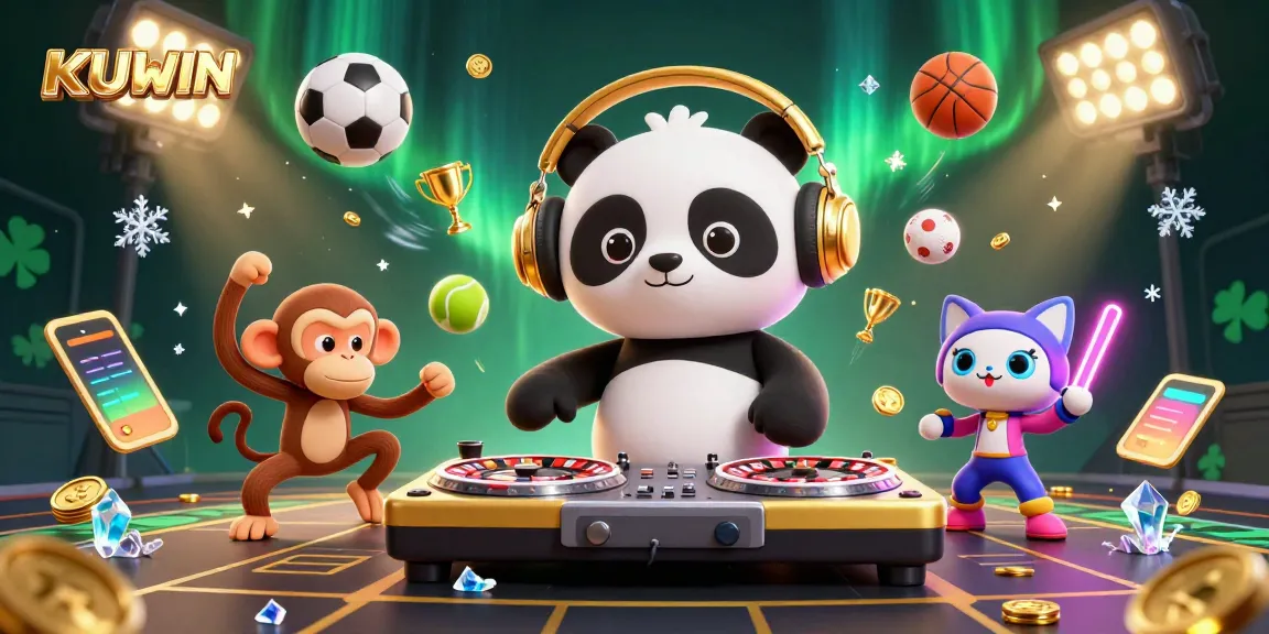 KUWIN's engaging scene featuring an energetic DJ panda, playful monkey, and glowing kitten in a vibrant casino atmosphere.