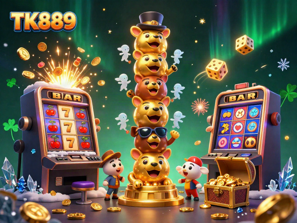Experience exciting gameplay at TK889 with a vibrant casino scene featuring dynamic slot machines and spirited characters.