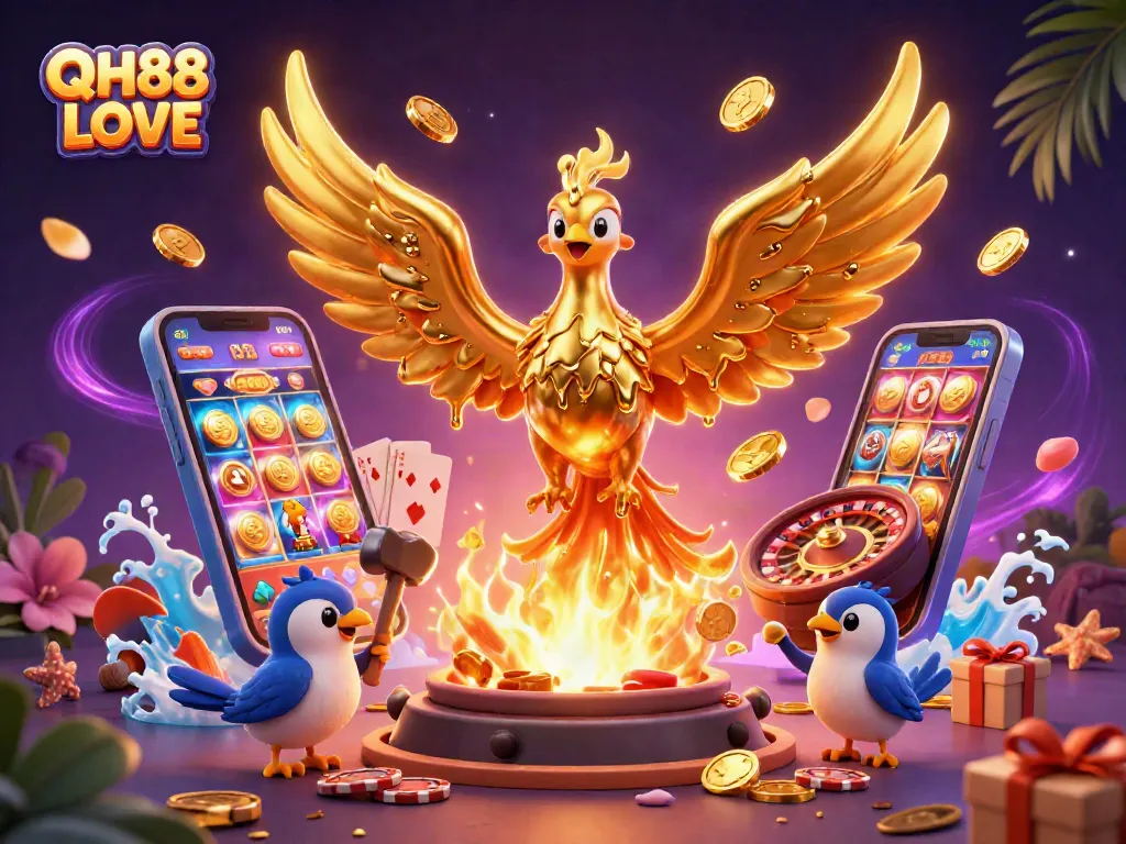Engage with QH88 LOVE through a vibrant casino scene featuring a golden phoenix and rich game elements.