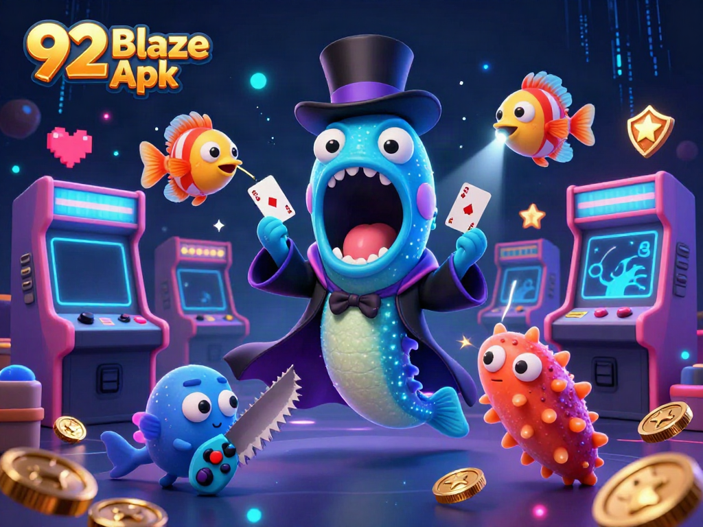 Engaging visual of 92 Blaze Apk showcasing lively gaming characters including a gulper eel, anglerfish, and a sea cucumber in a dynamic casino scene.