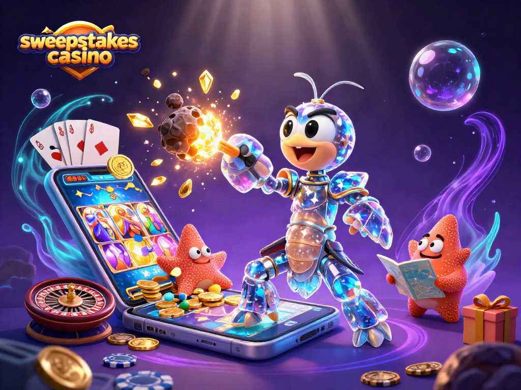 Experience the excitement of sweepstakes casino with galactic samurai mantis shrimp and slot game elements.