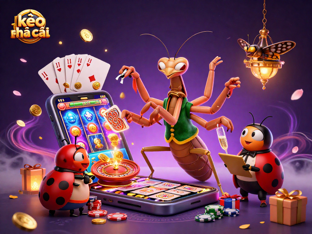 Engage with the vibrant kèo nhà cái scene featuring a giant praying mantis card sharp and casino games.