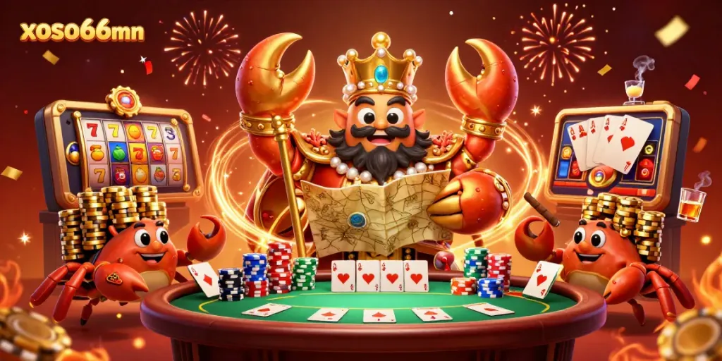Experience thrilling slots with xoso66mn featuring a golden crab emperor and vibrant casino elements.