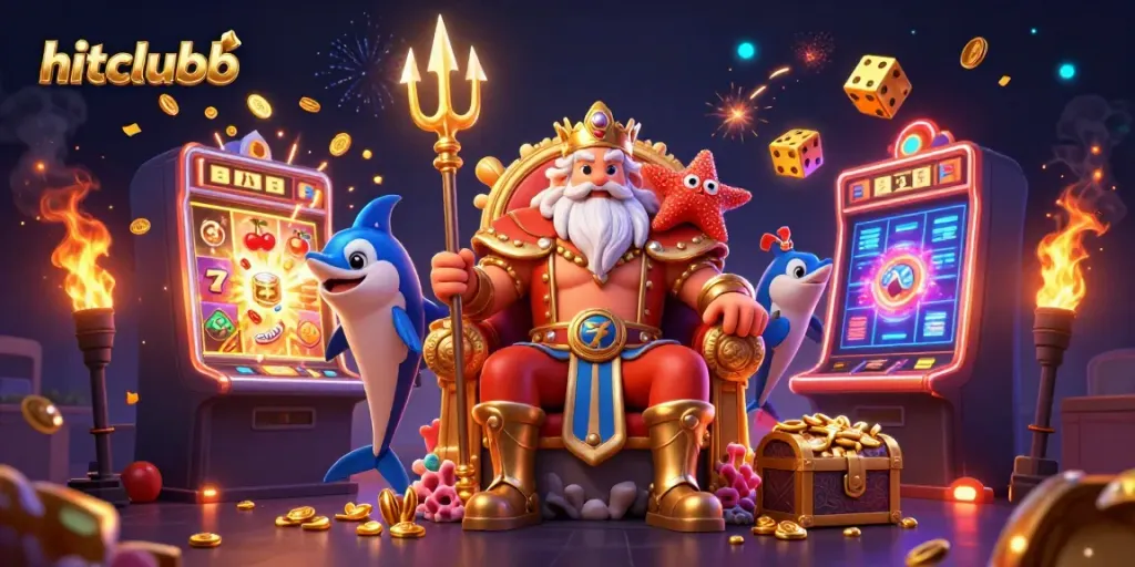Experience the excitement of hitclubb with a vibrant casino scene featuring Neptune and dynamic game elements.