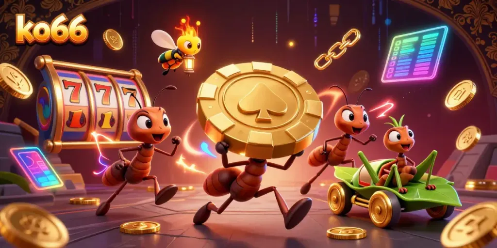 Engage in a thrilling KO66 casino adventure with cartoon ants and vibrant gaming elements.