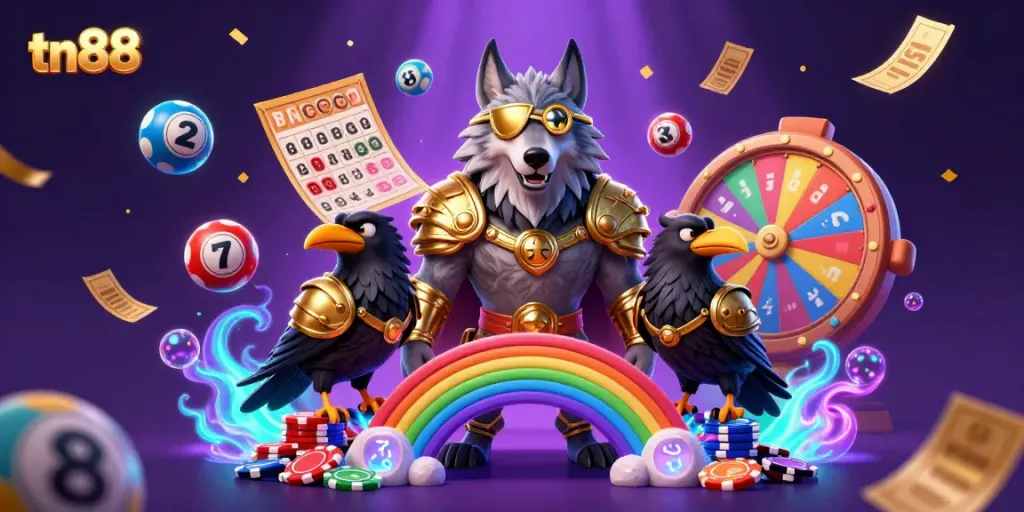 Win big at tn88 with a vibrant Norse-themed casino illustration showcasing Odin and ravens among gaming elements.