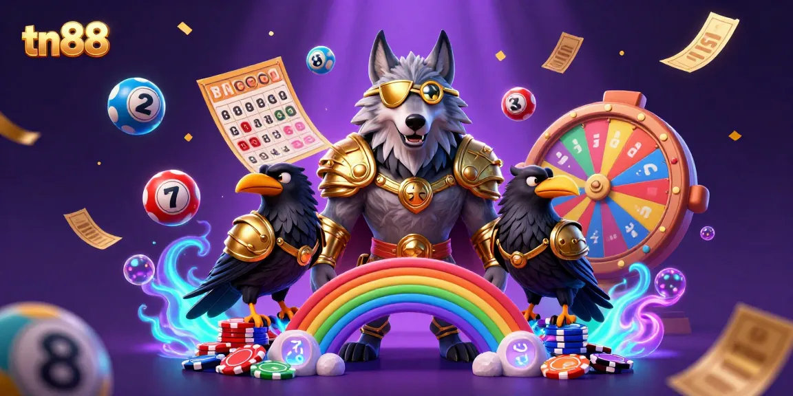 Win big at tn88 with a vibrant Norse-themed casino illustration showcasing Odin and ravens among gaming elements.