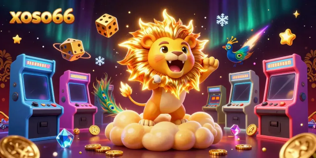 Experience xoso66's thrilling gaming world with a roaring sun lion and dynamic casino elements.