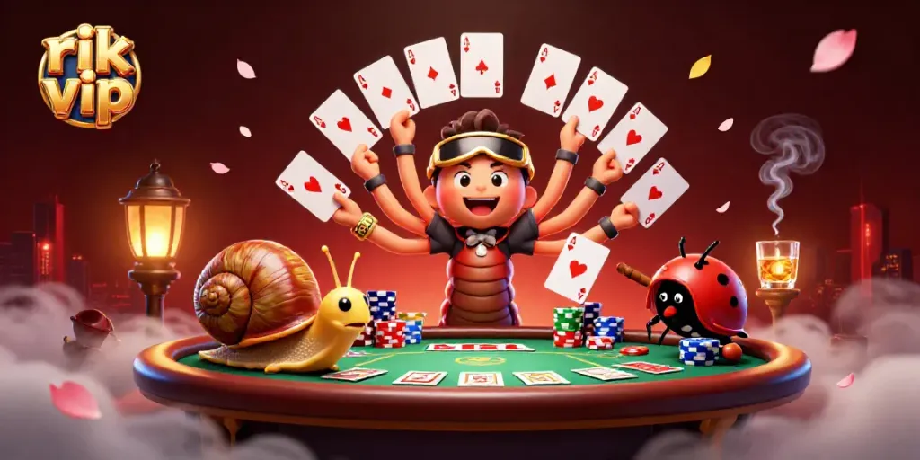 Engage with rik vip casino excitement featuring a millipede dealer, snail high-roller, and pill bug in a vibrant poker scene.