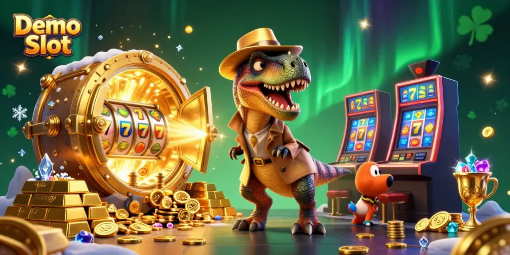 Play Demo Slot with a velociraptor and stegosaurus amidst gold and treasures in a lively casino setting.